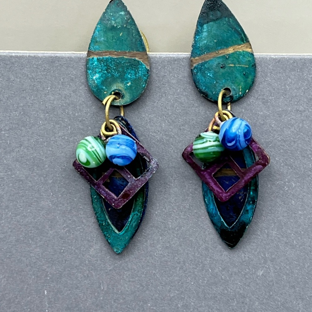 Teal and Purple Dangle Stud Earrings